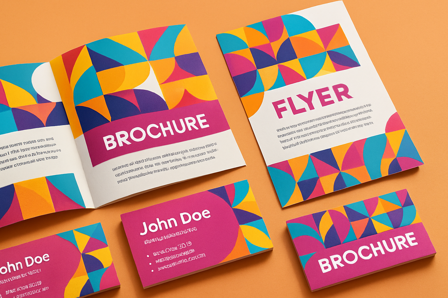 Vibrant printed marketing materials including business cards and brochures